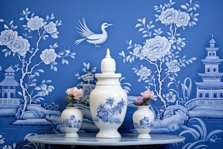 Blue and White Chinoiserie Wallpaper